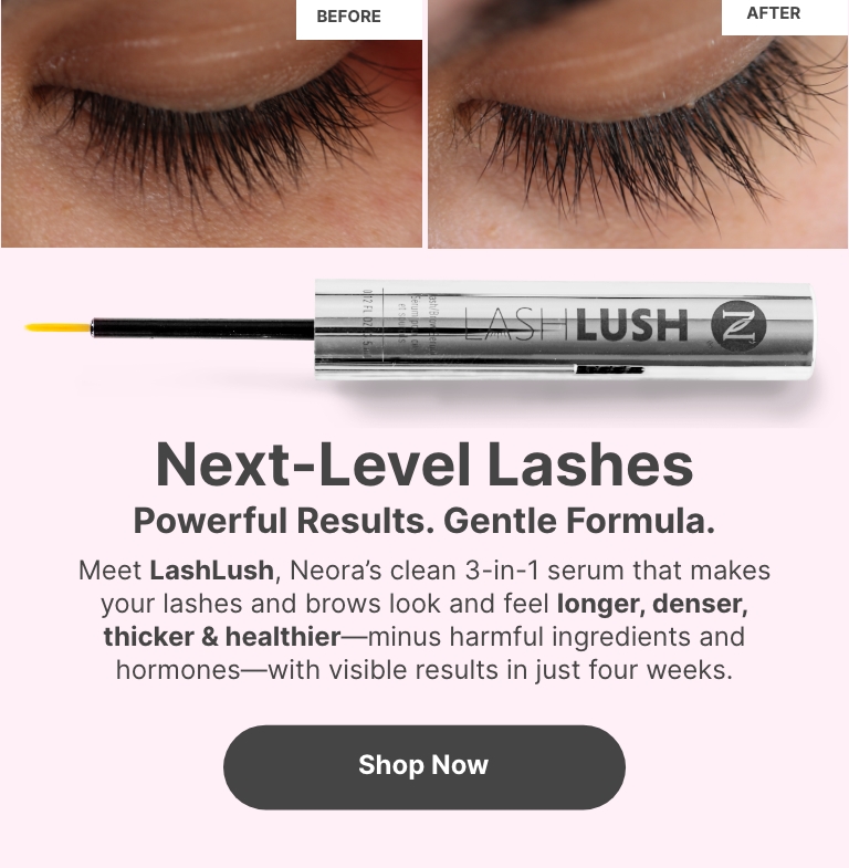 Before and after image using Neora’s Lash Lush 3-in-1 Brow and Lash Serum 